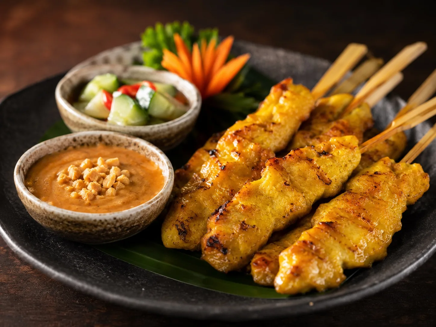 Chicken satay with peanut sauce and cucumber relish