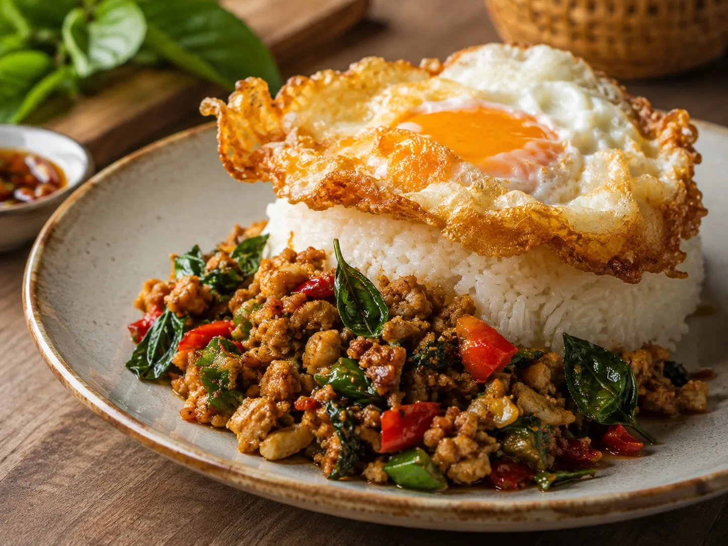 Ka Prow with rice and a crispy fried egg